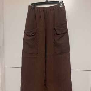 OSKA Vintage 100% Linen Pants Size 3 Brown Wide Leg Cargo Large Unique Pockets